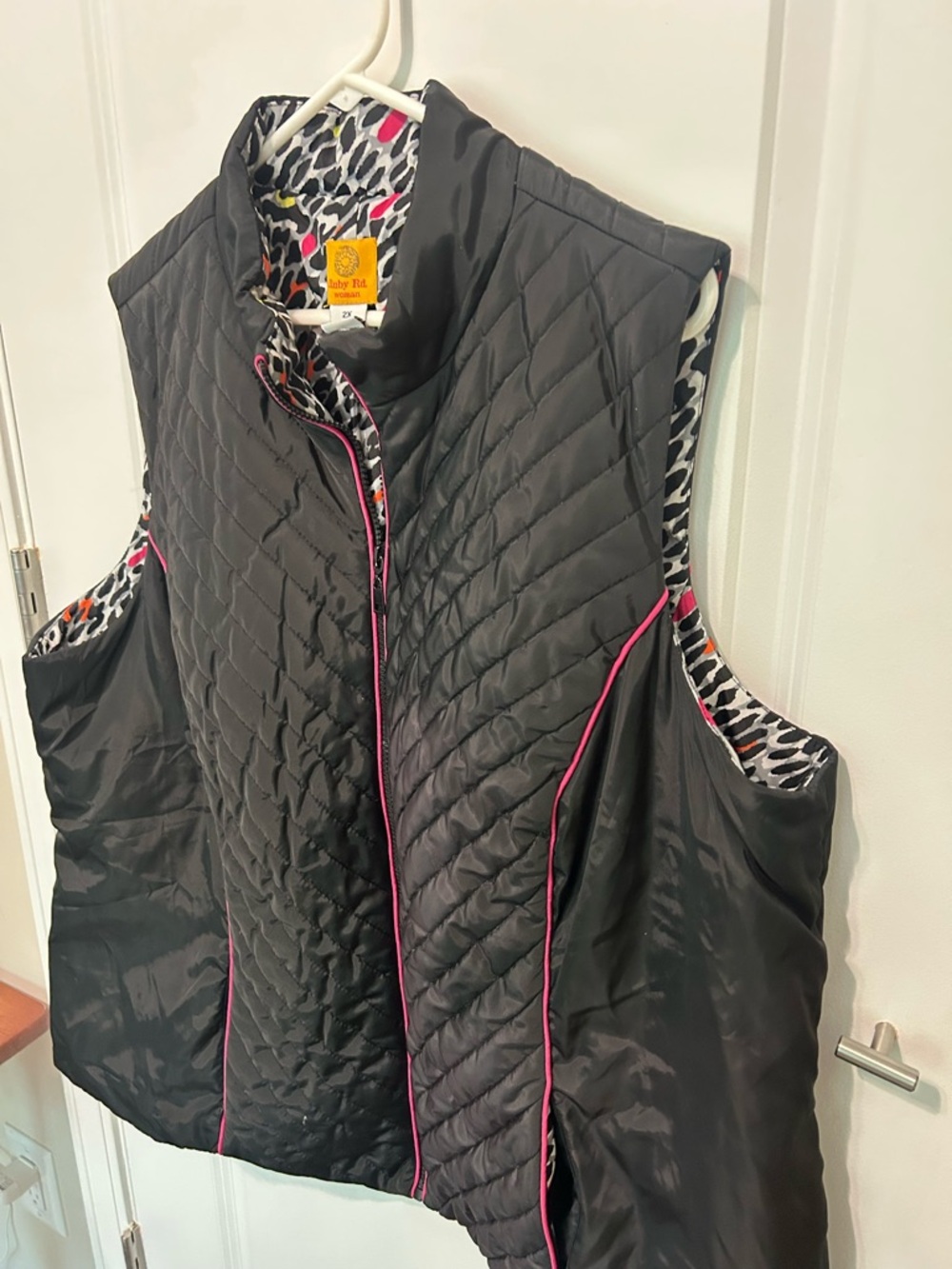 Women ruby red 2 X black Quilted Vest with Pink Trim and Leopard Lining